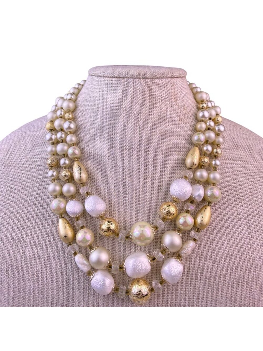 Japan Womens Gold/White Beaded Triple-Strand Necklace Assorted Beads Adjustable